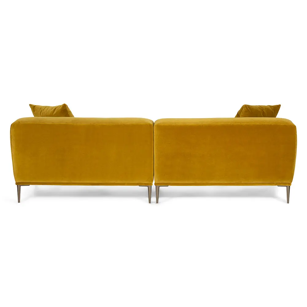 Mustard yellow sofa backside with wooden legs on a white background