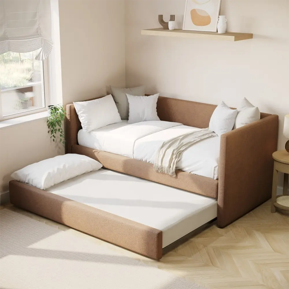 Modern bedroom with a brown bed frame and white bedding.