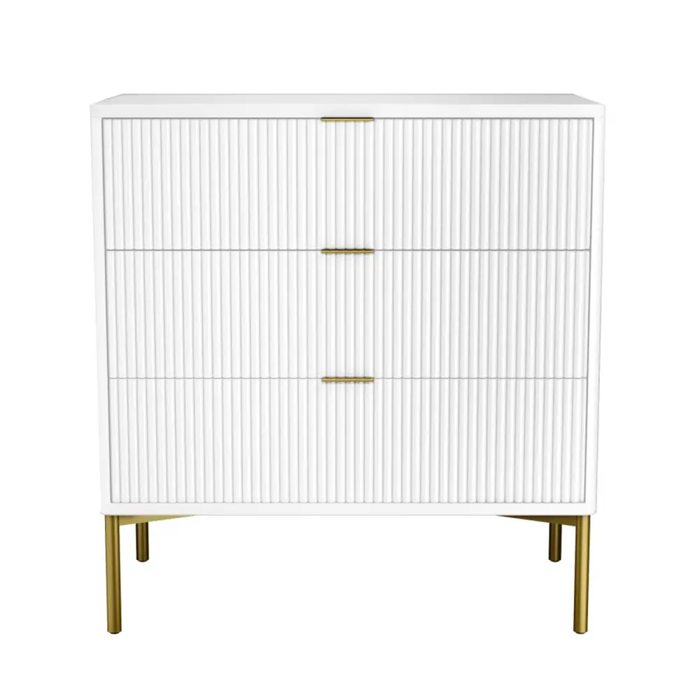 White cabinet with gold legs on a white background
