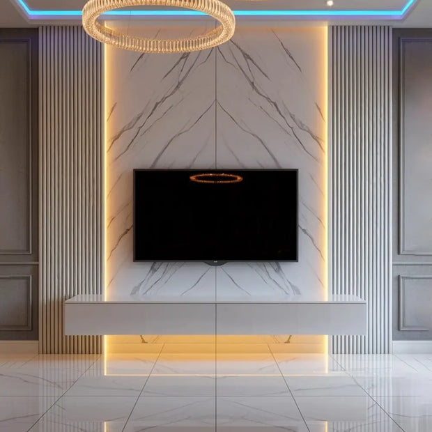 Redefine your trendy living room with a television mounted on a marble wall.