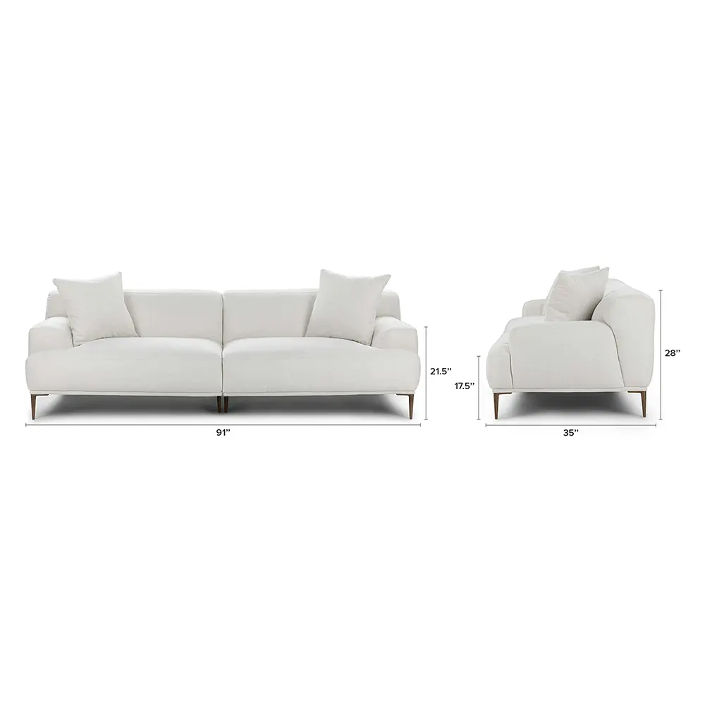 White sofa and loveseat with dimensions on a white background