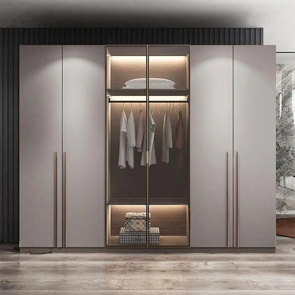 Contemporary 6-Door Fitted Closet Cabinet – Glass Doors, Gold Accents & Integrated LED
