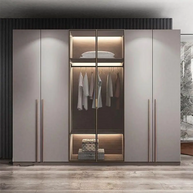 Contemporary 6-Door Fitted Closet Cabinet – Glass Doors, Gold Accents & Integrated LED