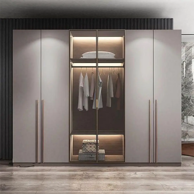 Contemporary 6-Door Fitted Closet Cabinet – Glass Doors, Gold Accents & Integrated LED