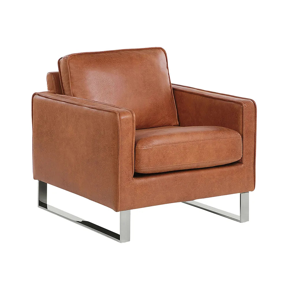 Brown leather armchair with metal legs in living room setting.