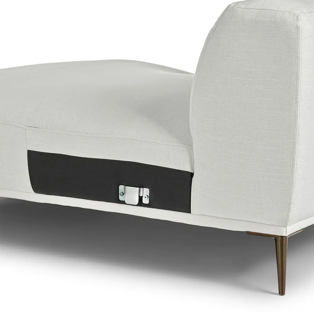 Gray upholstered sofa with a black accent on a white background