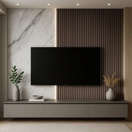 Luxury living room with a television mounted on a wall with marble and wooden paneling.