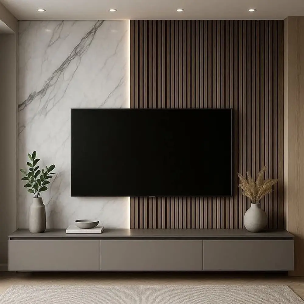 Luxury living room with a television mounted on a wall with marble and wooden paneling.