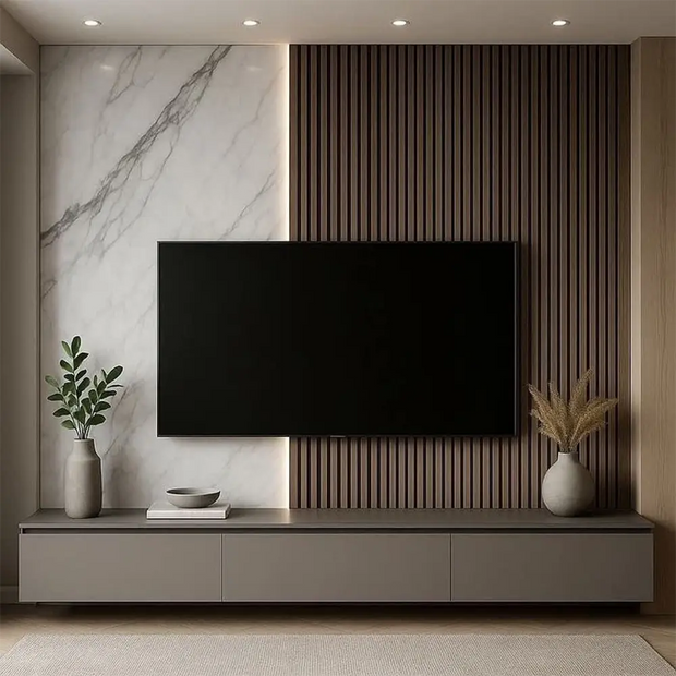 Luxury living room with a television mounted on a wall with marble and wooden paneling.